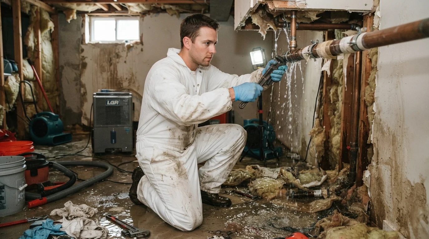 Technician repairing a burst pipe behind an open wall cavity