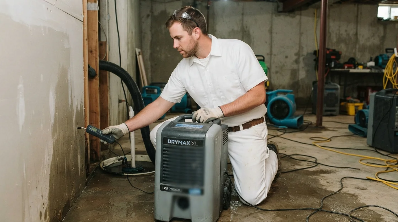 Technician monitoring an LGR dehumidifier during structural drying in Phoenix, AZ