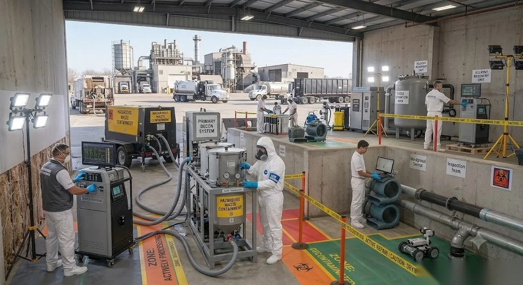 Hazardous waste containment and decontamination processing at a restoration site